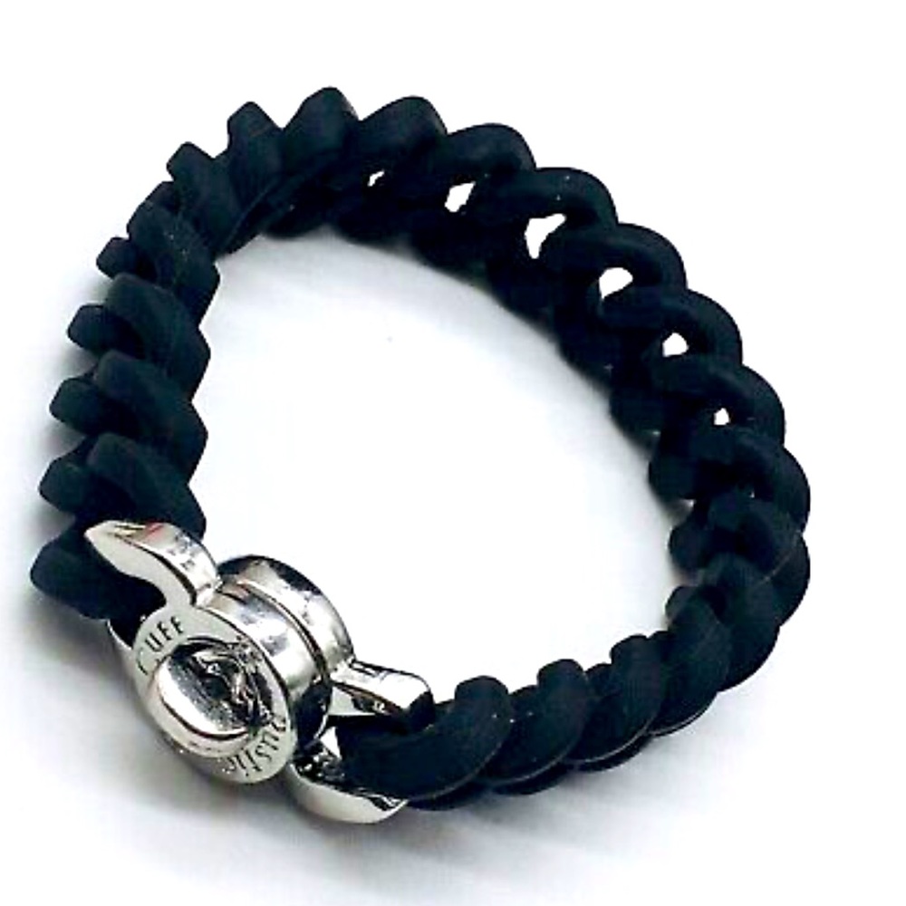Rustic Cuff Silver Tone Logo Turnlock Silicone Stretch Chain Bracelet - Black